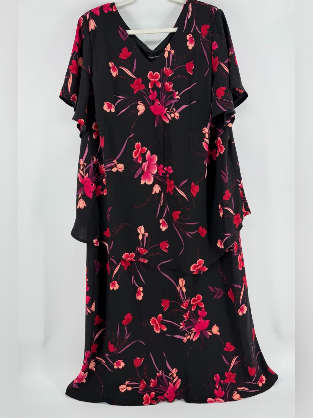 Maggie Barnes Black Maxi Dress with Pink and Red Floral Print